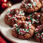 Chocolate Peppermint Christmas Kiss Cookies on a holiday plate