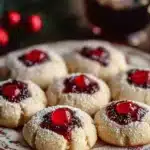 Christmas Maraschino Cherry Shortbread Cookies on a festive plate