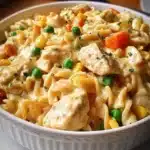 Bowl of Classic Chicken Pot Pie Pasta with vegetables and creamy sauce