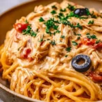 Delicious bowl of Classic CrockPot Chicken Spaghetti topped with herbs.