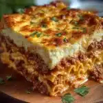 Classic meat lasagna with ricotta served on a plate with fresh herbs.