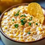 Delicious Corn Dip served with tortilla chips and fresh herbs.
