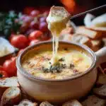 Delicious apple cider cheese fondue served with fresh bread and fruits