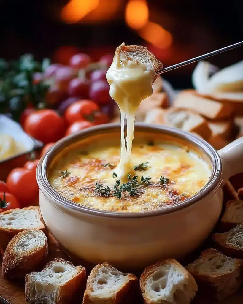 Delicious apple cider cheese fondue served with fresh bread and fruits