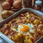 Cozy breakfast potato and egg bake served on a plate