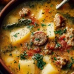 Cozy Italian sausage and potato soup in a bowl, garnished with herbs.
