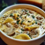 Bowl of creamy Alfredo lasagna soup topped with fresh herbs and cheese