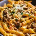Creamy beef pasta dish served with fresh herbs and parmesan cheese