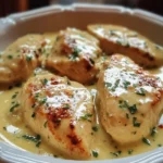 Creamy chicken breast served with vegetables and herbs on a plate