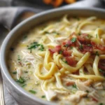 Bowl of creamy chicken noodle soup with herbs and vegetables