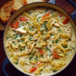 Bowl of creamy chicken noodle soup with vegetables and herbs