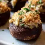 Roasted mushrooms filled with creamy garlic herb cheese for a tasty appetizer