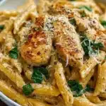 Creamy Garlic Parmesan Chicken Pasta garnished with herbs and cheese