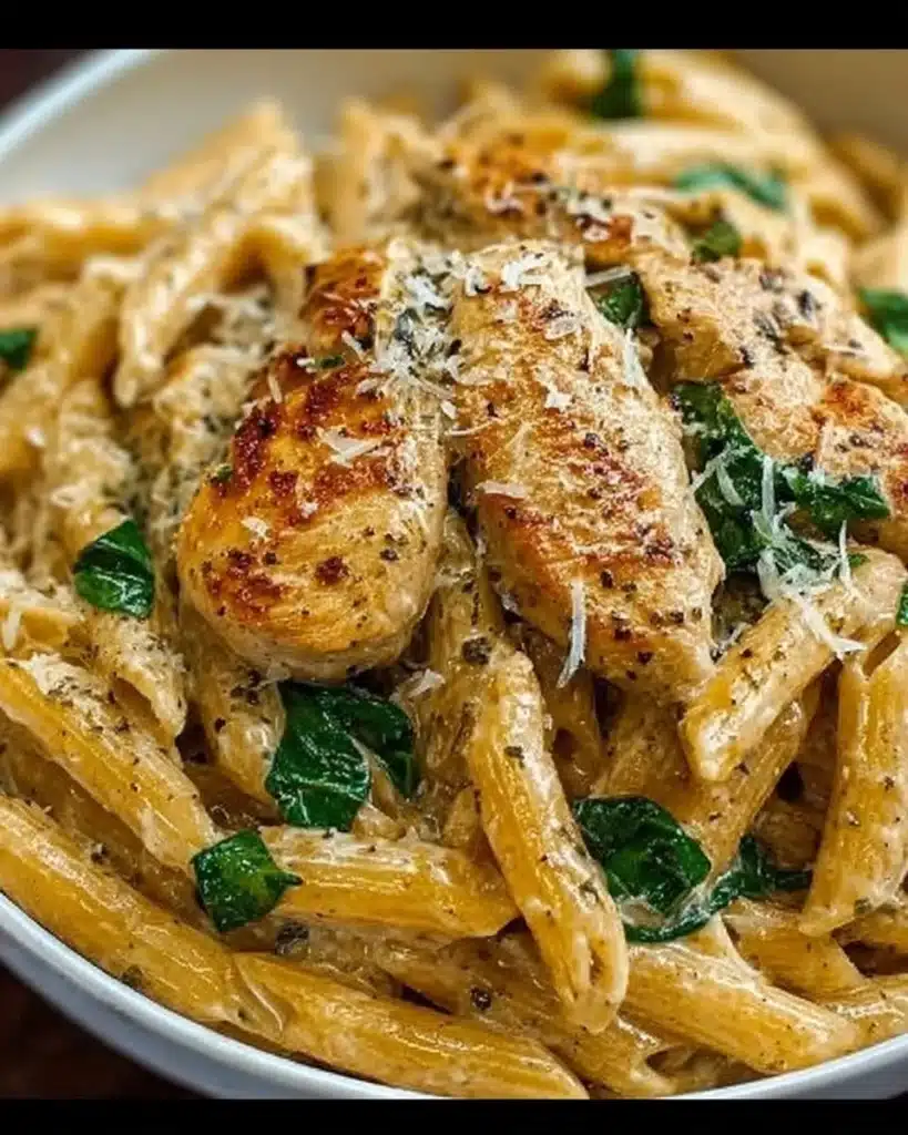 Creamy Garlic Parmesan Chicken Pasta garnished with herbs and cheese
