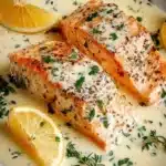 Delicious creamy garlic salmon fillet served with herbs