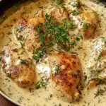 Creamy herb chicken dish served with fresh herbs and a side of vegetables