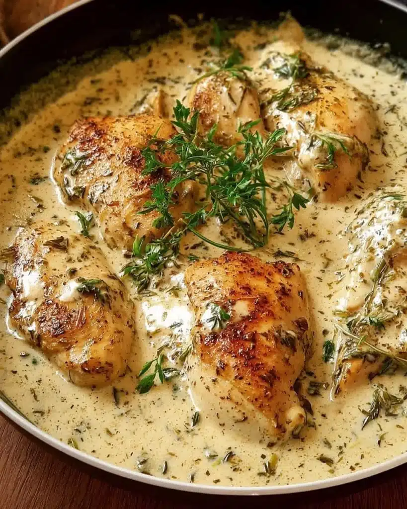Creamy herb chicken dish served with fresh herbs and a side of vegetables