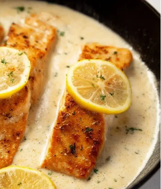 Plate of creamy lemon salmon garnished with herbs