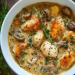 Creamy mushroom chicken soup in a bowl with herbs and toppings.