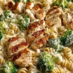 Creamy rotisserie chicken broccoli pasta served in a bowl.