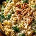 Creamy rotisserie chicken and broccoli pasta dish garnished with herbs