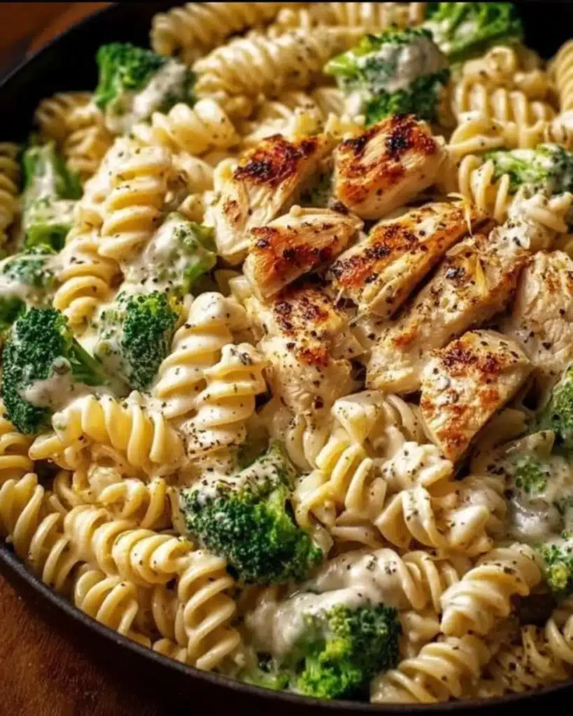 Creamy rotisserie chicken and broccoli pasta dish garnished with herbs
