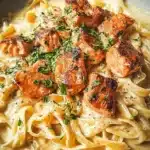 Delicious creamy salmon pasta served in a bowl with herbs and a sprinkle of cheese.