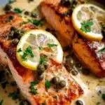 Plate of creamy salmon piccata with lemon and capers garnished with herbs