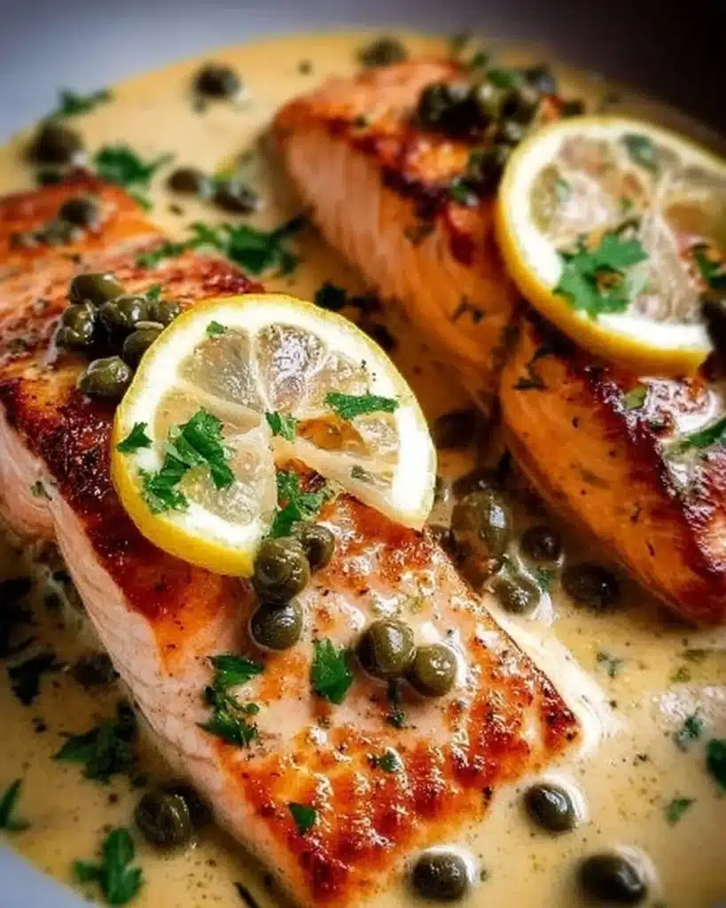 Plate of creamy salmon piccata with lemon and capers garnished with herbs