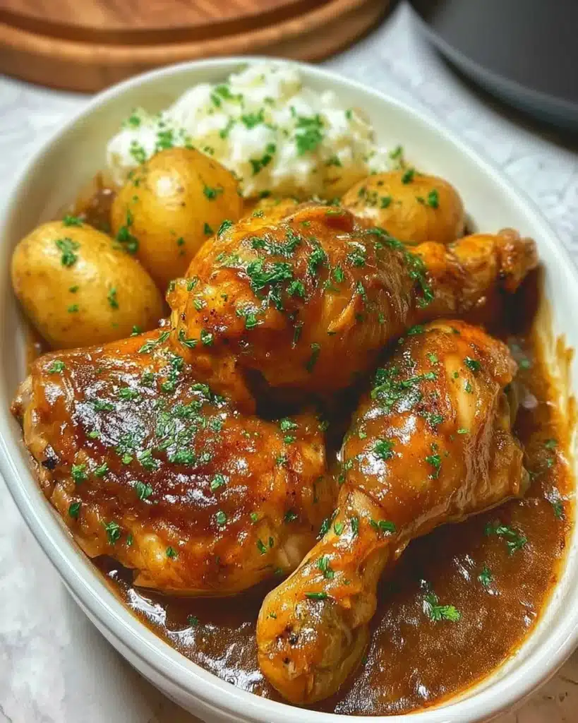 Creamy slow cooker chicken legs served with herbs and spices