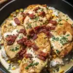 Creamy turkey bacon chicken skillet dish served in a pan