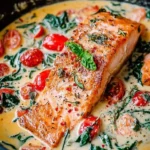 Creamy Tuscan Salmon with herbs and cream sauce on a plate