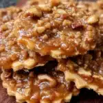 Crispy caramel peanut cracker treats arranged on a plate for a delicious snack.