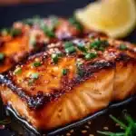Crispy honey garlic glazed salmon served on a plate