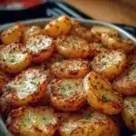 Crispy roasted baby potatoes garnished with herbs.