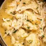 Crock Pot Chicken and Dumplings in a serving bowl with herbs