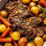 Delicious crock pot pot roast served with vegetables on a plate