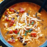 Delicious bowl of Crockpot Chicken Tortilla Soup garnished with fresh ingredients