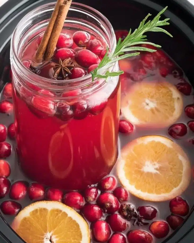 Delicious Crockpot Christmas Punch served in festive mugs.