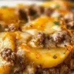 Crockpot Hamburger Potato Casserole served in a dish with ingredients visible