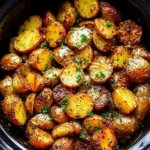 Crockpot Parmesan Roasted Potatoes garnished and ready to serve