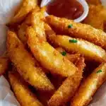 Golden brown homemade potato wedges served with dipping sauce