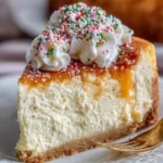 Five-layer dreamy sugar cookie cheesecake topped with cookie crumbles