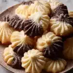 Dutch spritz cookies arranged on a plate, showcasing their unique shapes and colors.