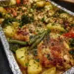 Easy chicken and vegetable bake ready to serve in a baking dish