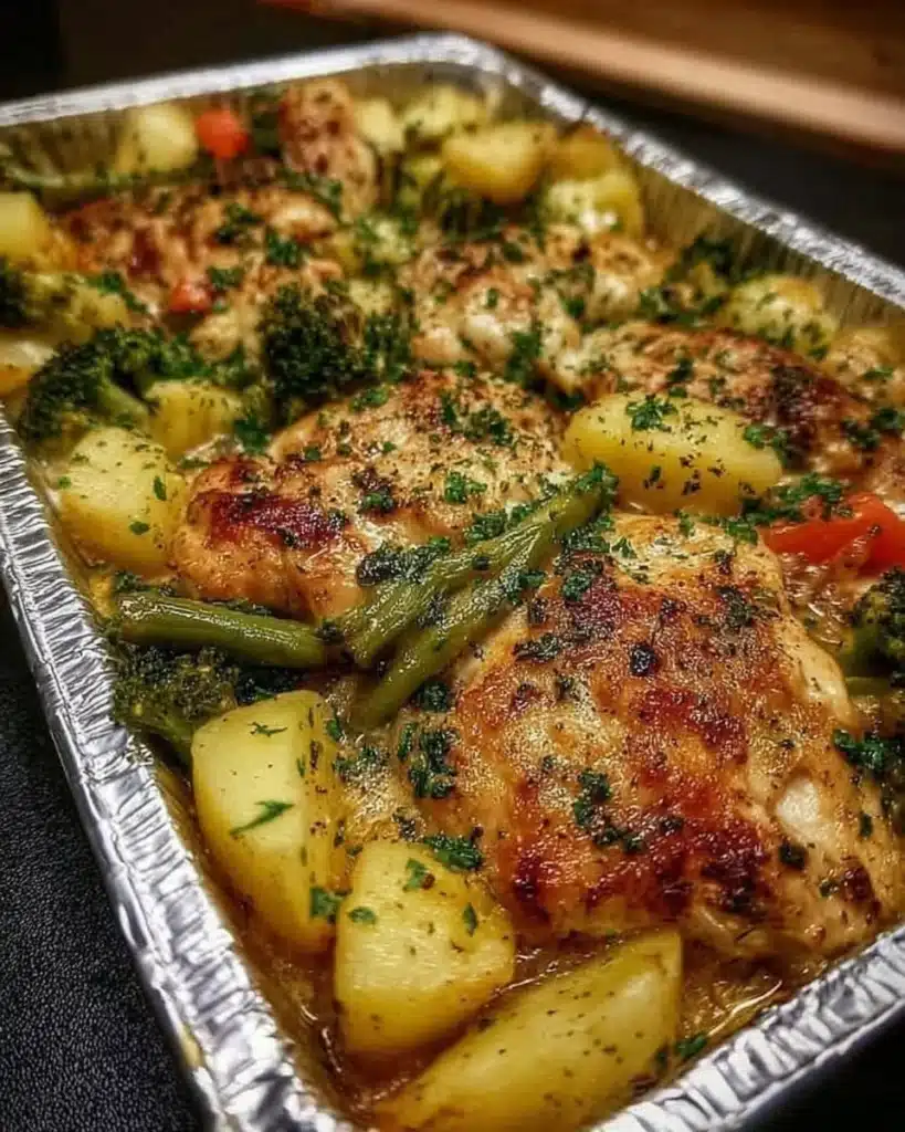 Easy chicken and vegetable bake ready to serve in a baking dish