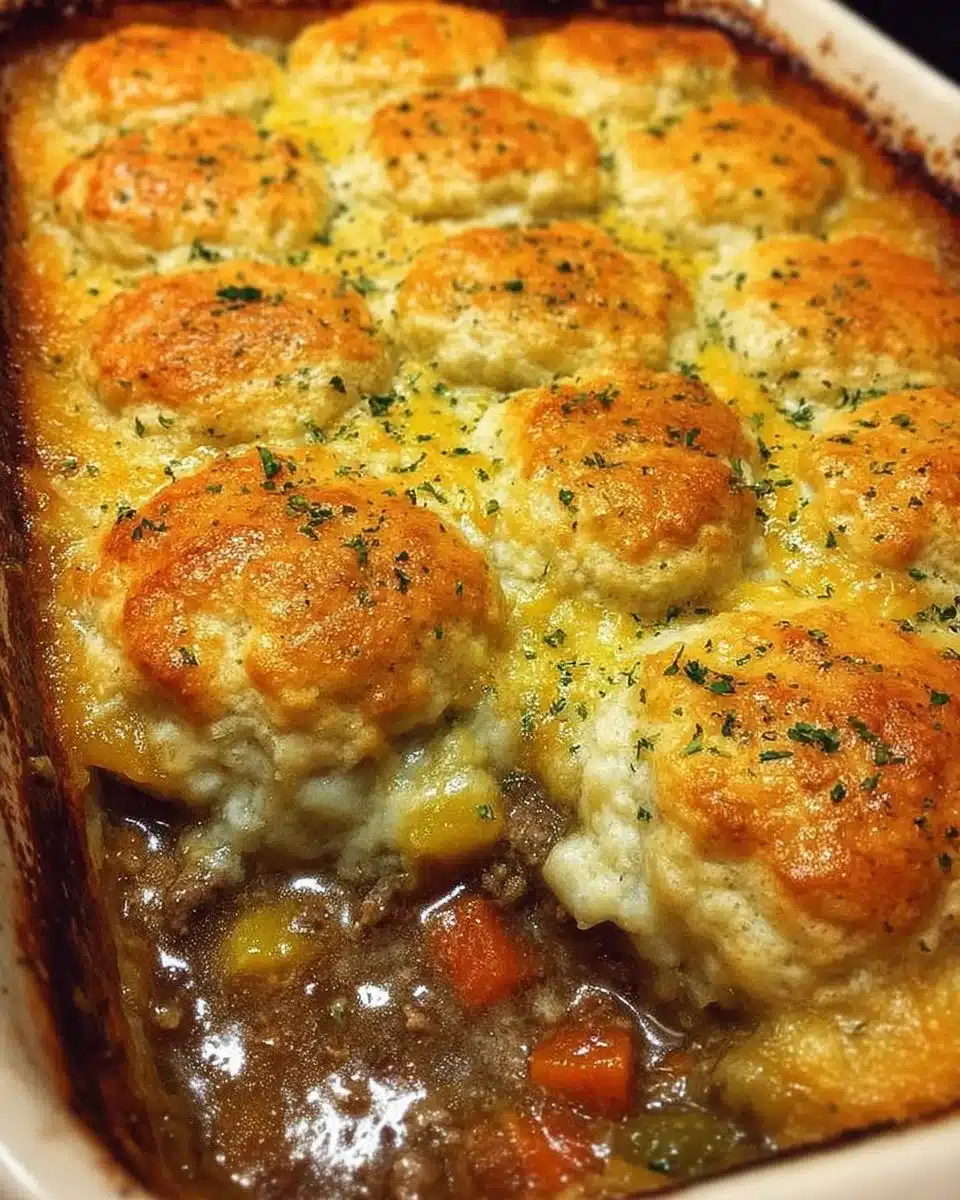 Easy Ground Beef Pot Pie Casserole with Cheddar Bay Biscuit Topping