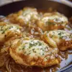 Delicious French Onion Chicken topped with melted cheese and caramelized onions