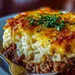 French onion casserole with ground beef and rice in a baking dish