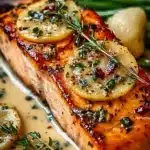 Delicious garlic butter salmon fillet garnished with herbs and lemon